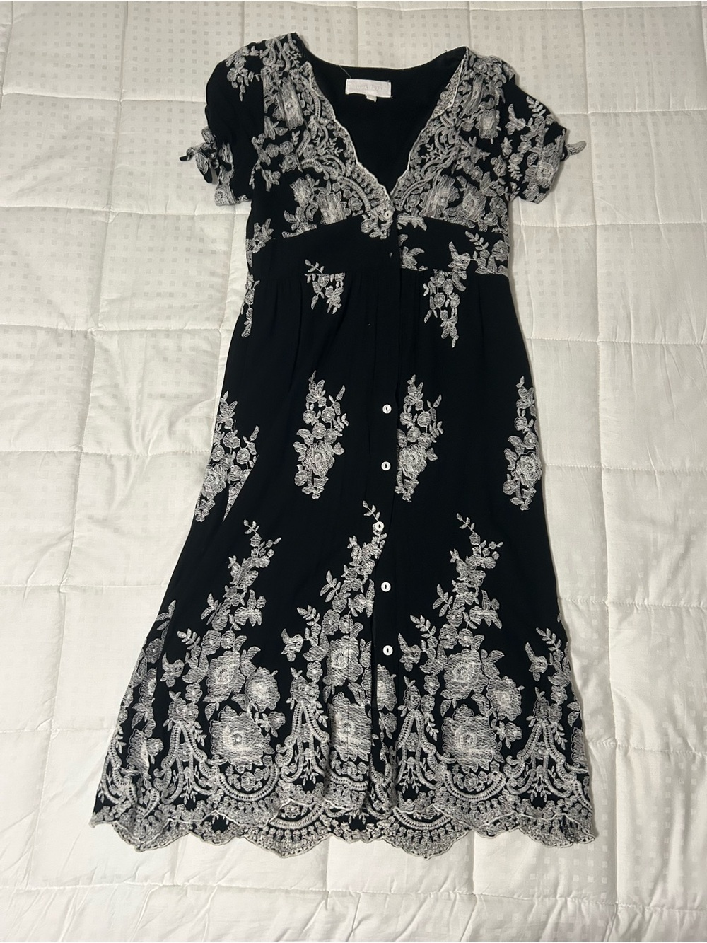 Superfoxx Embroidered Black Midi Dress with Ivory Floral Detail